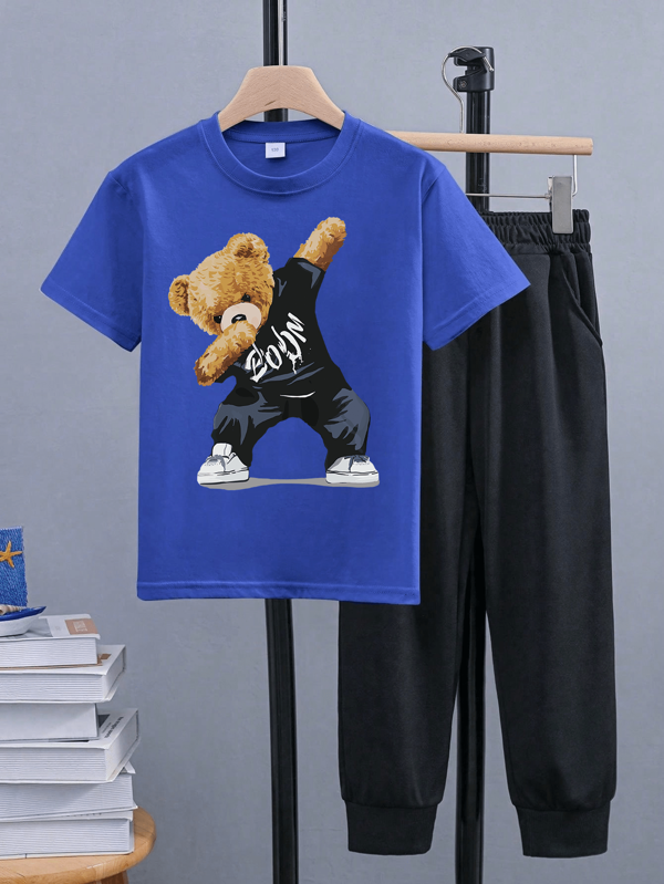 2 Stücke/Set für Tween-Jungen mit süßem Bären Muster, kurzärmliges T-Shirt und einfarbige lange Hosen, Frühling/Sommer