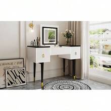 43.3" Modern Vanity Table Set With Flip-Top Mirror And LED Light, Dressing Table With Customizable Storage, White And Black - màu đen - Xem 6