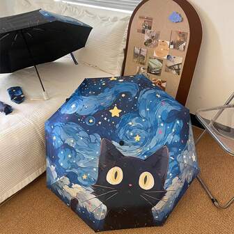 1pc Cute Starry Sky Cat Themed Reversible Sunny Rainy Umbrella, Sunshade And Raincover In One, Portable