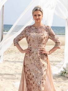 Women' 3/4 Sleeves Sequin Formal Dress With Chiffon Tail Elegant Mother Of The Bride Dress