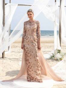Women' 3/4 Sleeves Sequin Formal Dress With Chiffon Tail Elegant Mother Of The Bride Dress