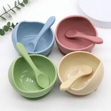 2pcs/Set Baby Silicone Feeding Utensils, Silicone Soft Spoon With Strong Suction Bowl - Multicolor - View 1
