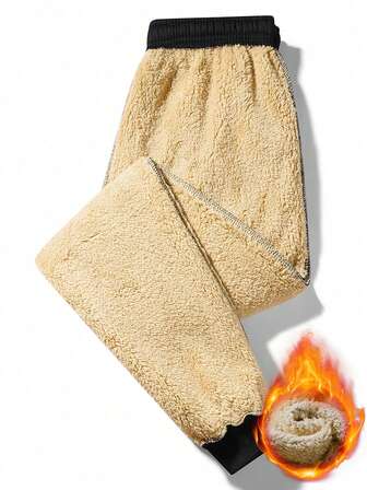 Herrjoggingbyxor med plysch, termofodrade, tryckta och casual passform, för hösten/vintern