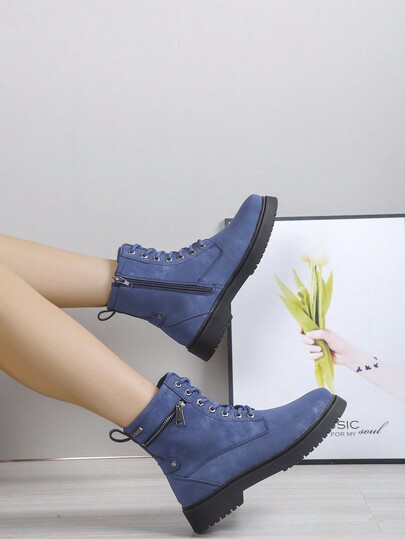 Stivali alla caviglia da donna con punta tonda, in stile patchwork, con lacci e cerniera laterale, di colore unito, super cool, versatili, in stile britannico, adatti per la città e per uso all'aperto