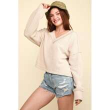 VERY J Exposed Seam V-Neck Ribbed Knit Top