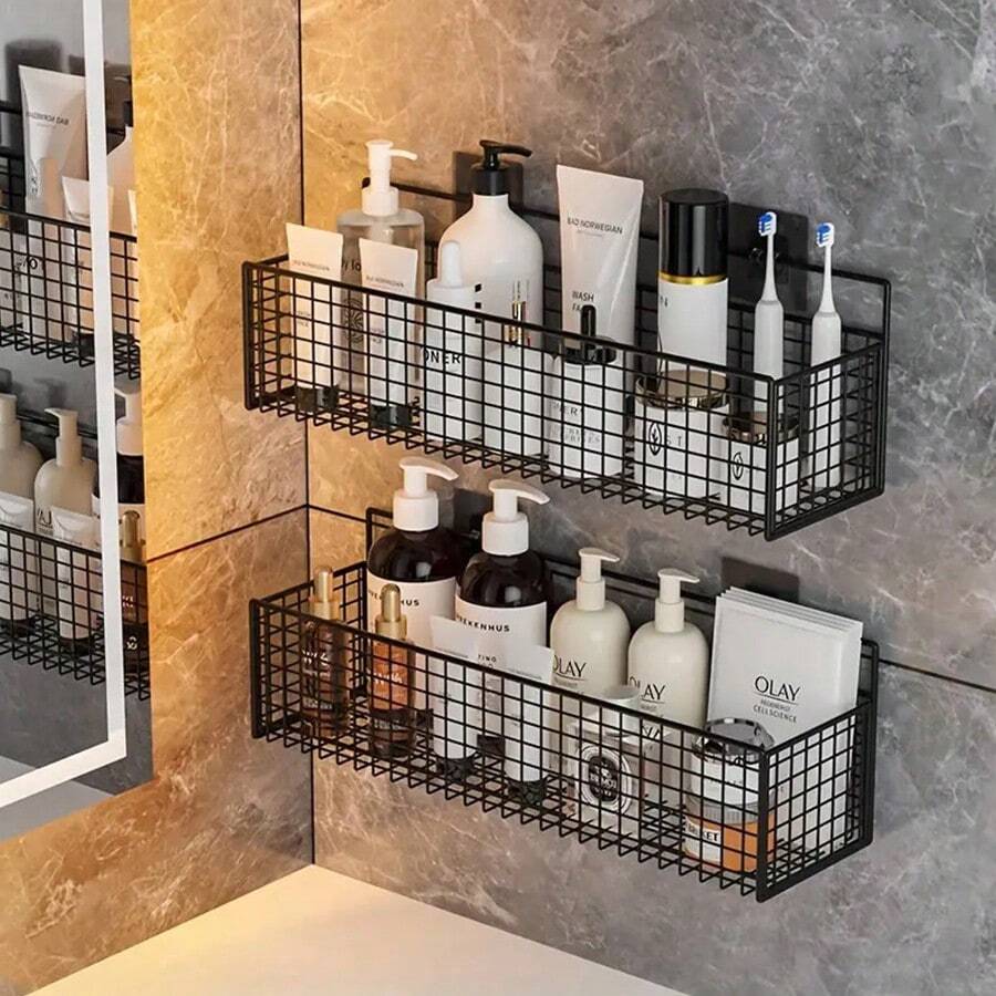 1 Giá để đồ bằng kim loại cỡ trung không cần khoan dễ lắp đặt trong phòng tắm - Giá treo tường đựng đồ vệ sinh cá nhân, mỹ phẩm & phụ kiện, không chứa formaldehyde - màu đen - Xem 1