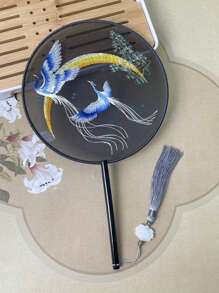 1 Stück vintage Handventilator, chinesischer runder Fächer mit Seide-Stickerei, Kranich-Blumen Heim- und Raumdekoration, Tanzfächer mit Quasten, Party-Requisiten, Weihnachts-, Valentinstags- und Neujahrgeschenk