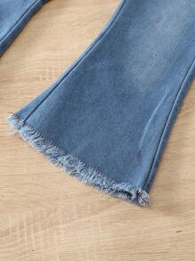 3 件套秋冬少女 4-7 岁复古蓝色牛仔夹克/无袖 T 恤/喇叭牛仔裤套装，牛仔 3 件套