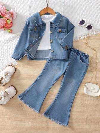 3 件套秋冬少女 4-7 岁复古蓝色牛仔夹克/无袖 T 恤/喇叭牛仔裤套装，牛仔 3 件套