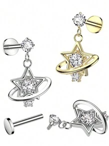 1 件不锈钢星形设计软骨耳轮耳屏唇鼻穿孔首饰，带合成方晶锆石，内螺纹平底柱，适合派对、日常佩戴和礼物 - 星星 - 查看 2