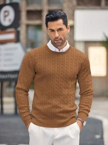 Men's Knitted Sweater, Twist Collar Design, Loose And Warm - Brown - View 3