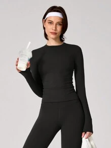 1pc Women Soft Fleece Long Sleeve Tee, Stretchy & Warm Base Layer Shirt For Outdoor, Fitness & Running