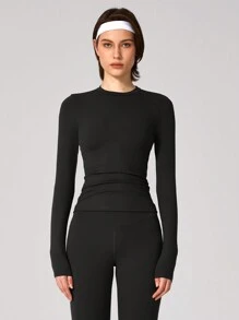 1pc Women Soft Fleece Long Sleeve Tee, Stretchy & Warm Base Layer Shirt For Outdoor, Fitness & Running