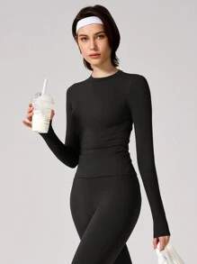 1pc Women Soft Fleece Long Sleeve Tee, Stretchy & Warm Base Layer Shirt For Outdoor, Fitness & Running