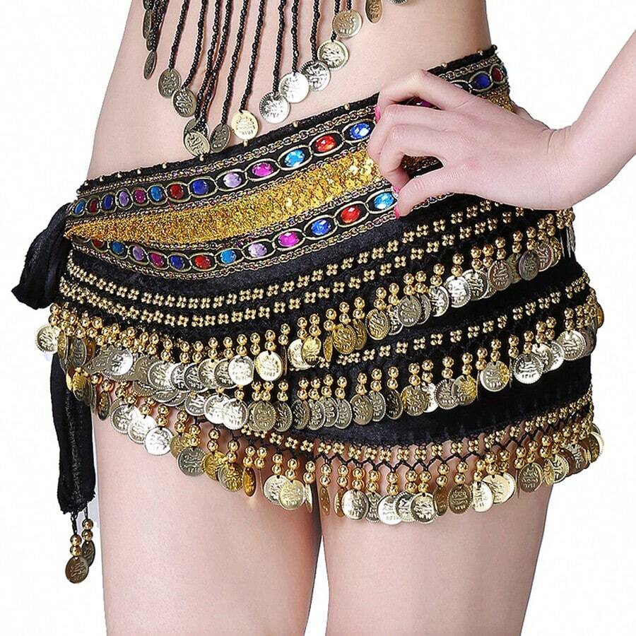 Outfits Belly Dance Glitter Sequins Tassel Skirts, Fashionable Dancing Waist Belt Skirts For Bellydance