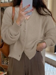 女士纯色前排纽扣长袖衬衫，休闲日常穿着 - 卡其色 - 查看 5