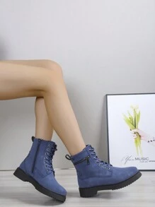 Stivali alla caviglia da donna con punta tonda, in stile patchwork, con lacci e cerniera laterale, di colore unito, super cool, versatili, in stile britannico, adatti per la città e per uso all'aperto - Blu - Visualizzare 6