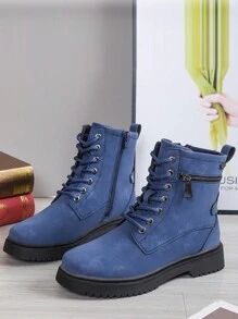 Stivali alla caviglia da donna con punta tonda, in stile patchwork, con lacci e cerniera laterale, di colore unito, super cool, versatili, in stile britannico, adatti per la città e per uso all'aperto - Blu - Visualizzare 4