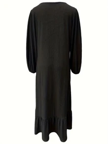 Women's Vintage Puff Sleeve Pocket Ruffle Hem Long Dress, New Spring/Autumn Fashion, Modest - Black - View 2