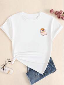Cute Hamster T-Shirt With Cross Printed Blouse Women's Fashion Short Sleeve - 白色 - 查看 1