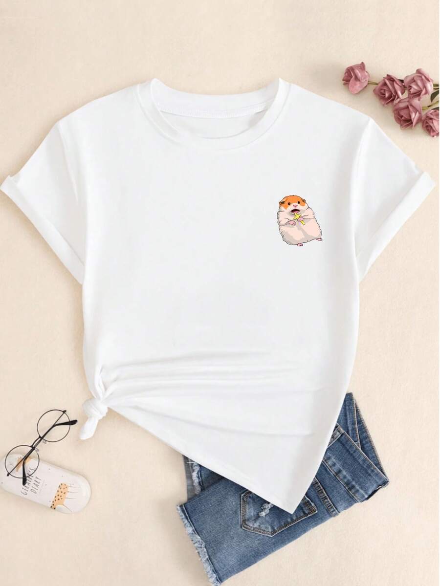 Cute Hamster T-Shirt With Cross Printed Blouse Women's Fashion Short Sleeve - 白色 - 查看 1