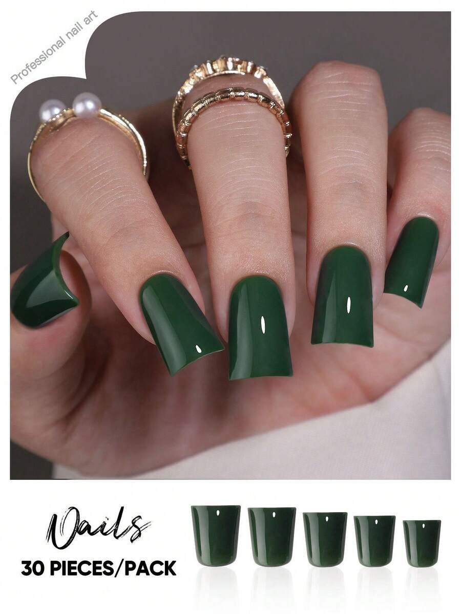 30 件套绿色鸭脚丙烯酸按压指甲，极简纯色，适合 DIY 和日常佩戴，适合女孩派对和礼物，包括 1 个双面胶和 1 个指甲锉 - 墨綠色 - 查看 1