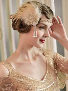 3 Stücke 1920er Jahre Flapper Feder Haarband Legierung Strass Haarschmuck, lange Perlenkette Halskette - Kunstperlekette Halskette Set für Frauen 20er Jahre Flapper Accessoires