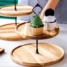 1 件木制 2 层托盘，带金属手柄，圆形装饰托盘，厨房餐桌装饰托盘，木制托盘，用于咖啡食品水果纸杯蛋糕，家居装饰节日展示 - 彩色 - 查看 10