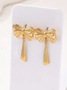 1 对时尚、简约、百搭、精致蝴蝶结吊坠耳环，适合女士 - 金黃色 - 查看 6