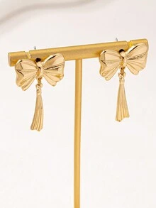 1 对时尚、简约、百搭、精致蝴蝶结吊坠耳环，适合女士 - 金黃色 - 查看 5