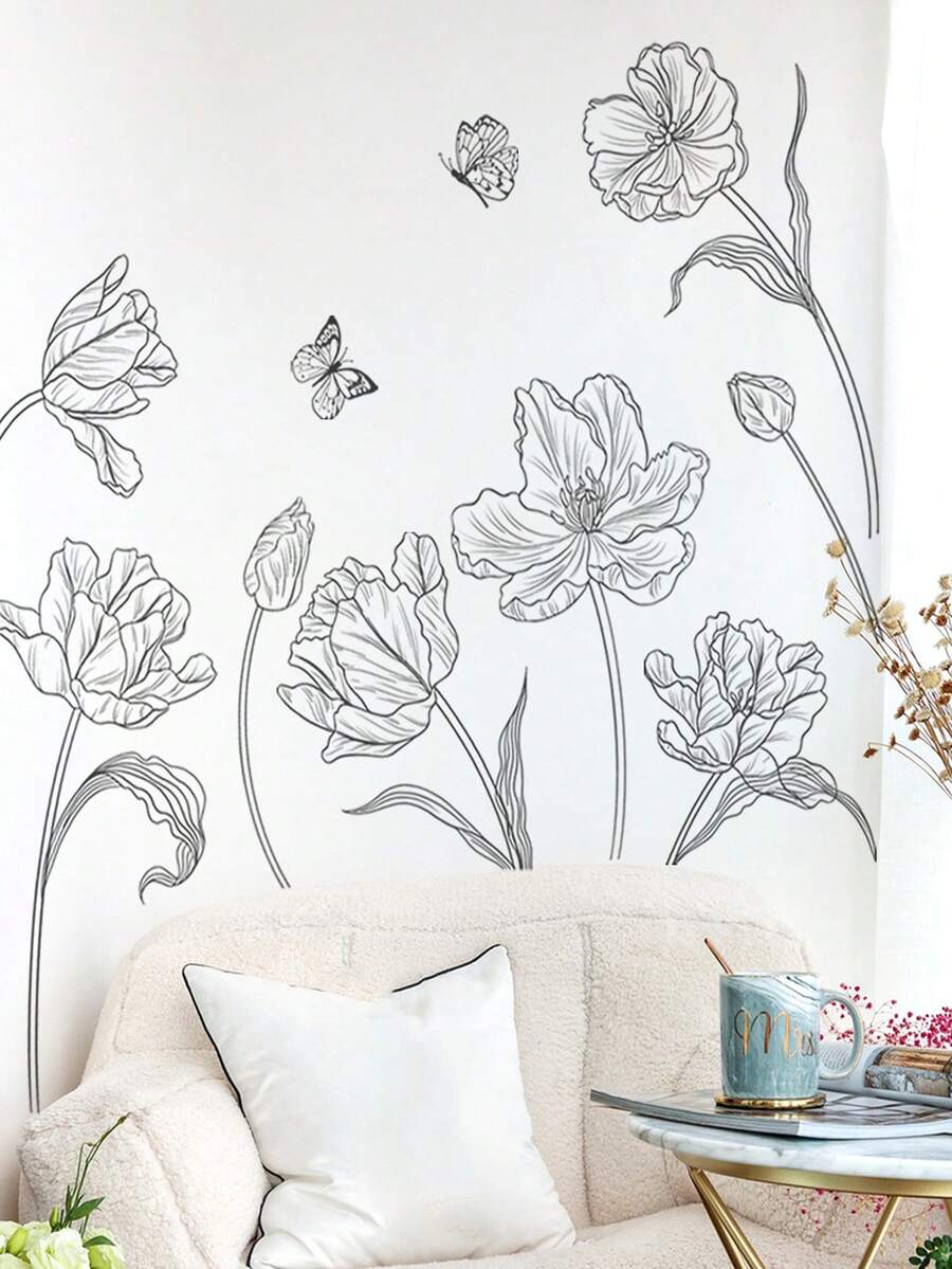 1PC家居个性黑白素描大号素花简约背景装饰墙贴家用卧室客厅自粘墙贴批发PVC - 彩色 - 查看 1