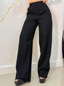 Women's Tailored Wide Leg Palazzo Pants With Button And Zipper - Black - View 4