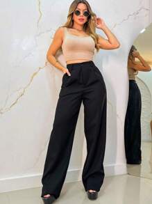 Women's Tailored Wide Leg Palazzo Pants With Button And Zipper - Black - View 3