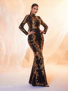 Long Sleeve Stand Collar Sequin Maxi Evening Gown Dress (Front Top Half, Random Floral Print Back), Black Elegant Formal Prom Dress, For Wedding Guest, Graduation, Dinner - Black - View 5