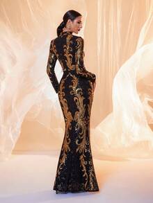 Long Sleeve Stand Collar Sequin Maxi Evening Gown Dress (Front Top Half, Random Floral Print Back), Black Elegant Formal Prom Dress, For Wedding Guest, Graduation, Dinner - Black - View 7