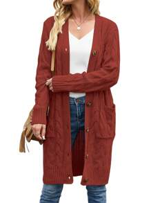 Female Cardigan, Solid Color Long Sleeve Sweater Knitted Coat With Pockets For Spring Fall, S/M/L - 酒紅色 - 查看 2