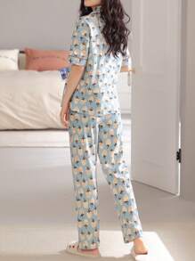 2024 New V-Neck Strawberry Print Blue Short Sleeve T-Shirt And Pants 2pcs Loungewear Set For Women