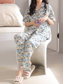 2024 New V-Neck Strawberry Print Blue Short Sleeve T-Shirt And Pants 2pcs Loungewear Set For Women