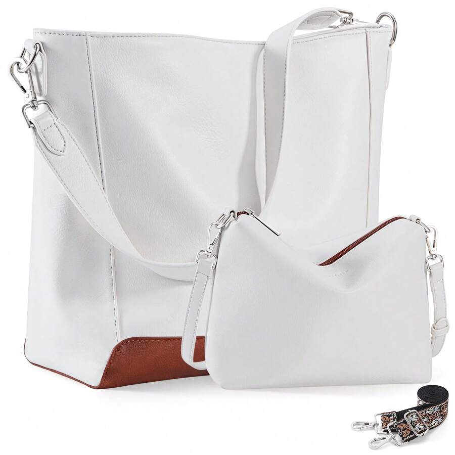 4075 / 2PCS Women's Hobo Handbags Small Crossbody Bags Set Vegan Leather Shoulder Bucket Bags Purses For Women Set With 2PCS Straps - trắng nâu - Xem 1