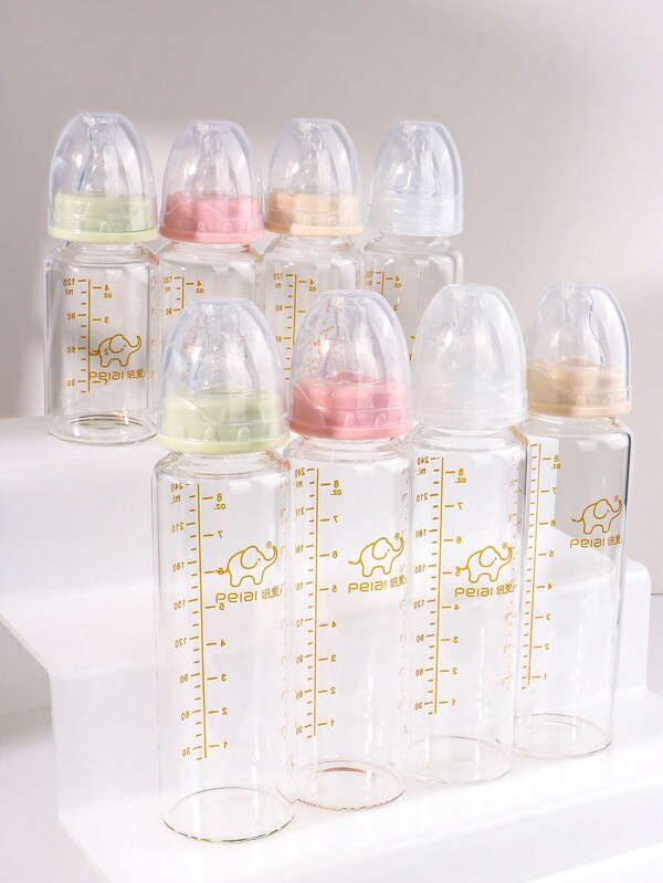 1pc International Standard Baby Glass Bottle With Silicone Nipple, 120ml/240ml, Suitable For 0-6 Months Old Babies