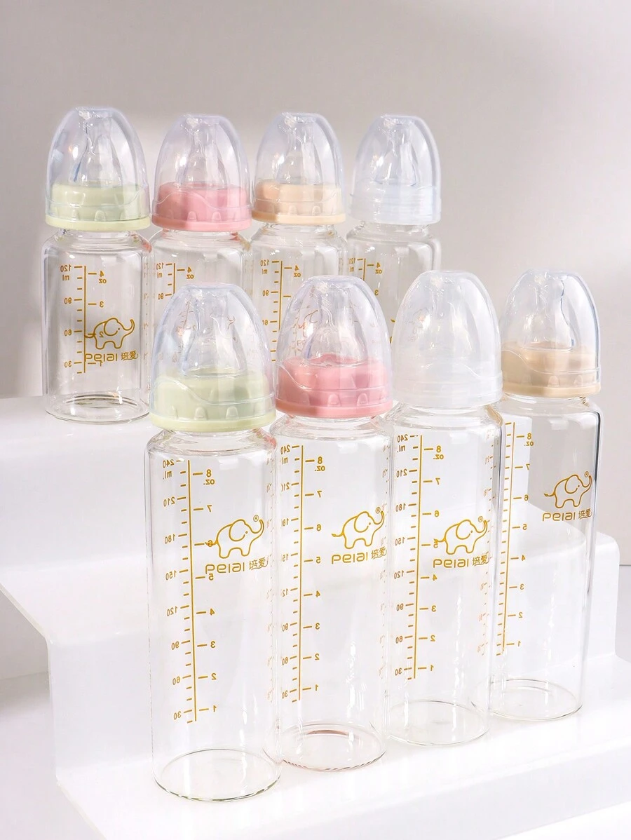 1pc International Standard Baby Glass Bottle With Silicone Nipple, 120ml/240ml, Suitable For 0-6 Months Old Babies - Multicolor - View 1