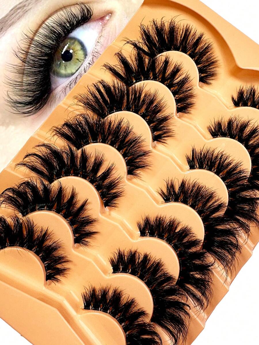 7 对睫毛蓬松猫眼睫毛纤细睫毛看起来像接发一样柔软卷曲透明带状假睫毛 - 黑色 - 查看 1