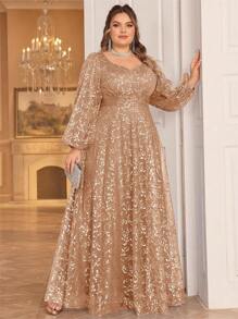 Plus Size Women's Floral Mesh Sweetheart Neck Lantern Sleeve Elegant Evening Gown, Wedding Guest Dress, Party Dress, Formal Dress