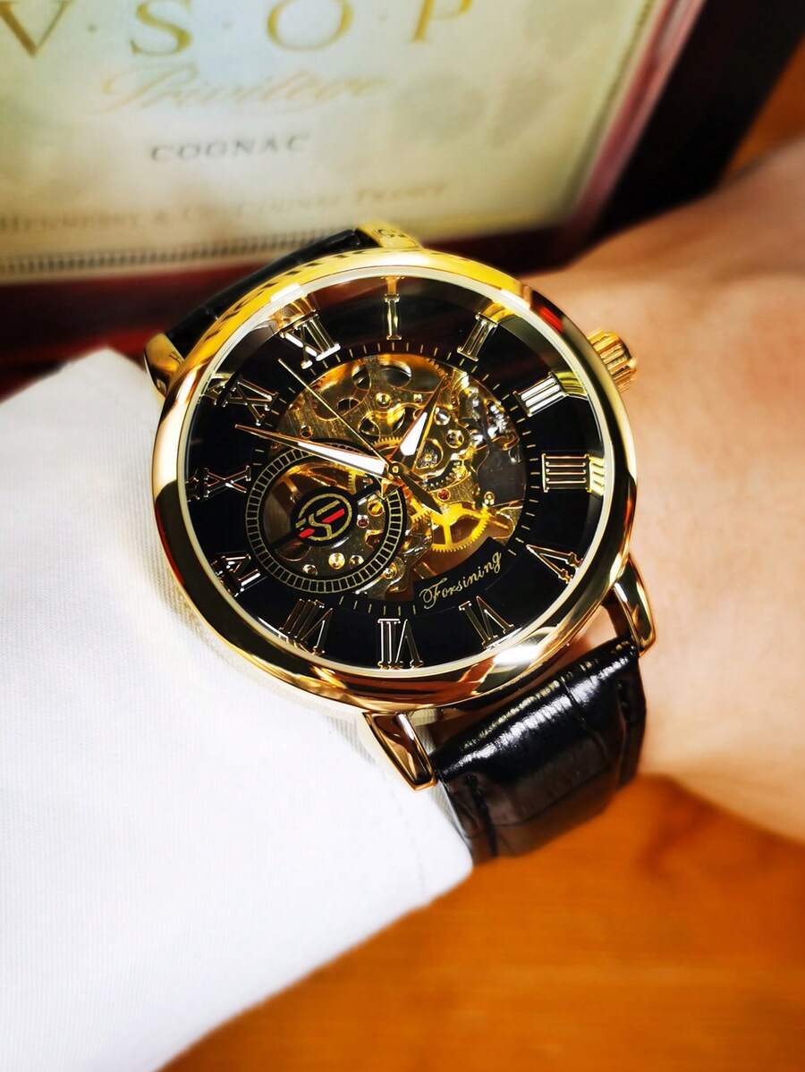 1pc Classic Retro Skeleton Gold Mens Watches Top Brand Luxury Luminous