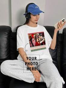 可定制大码时尚女式圣诞主题针织 T 恤 - 添加您自己的图形（适合家庭照片）以设计您的个性化大码时尚印花 T 恤 - 白色 - 查看 1