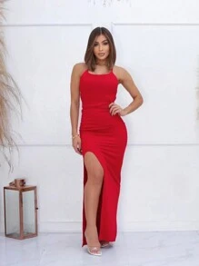 Elegant Sexy Long Dress With Tie Up Ribbed Knit Fitted Party Slit - 紅色 - 查看 1
