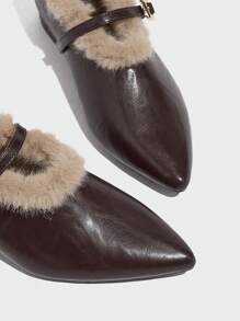 法式蓬松尖头粗低跟玛丽珍蓬松一脚蹬冬季保暖内衬时尚百搭女士乐福鞋 - 棕色 - 查看 3