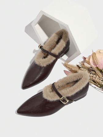 French Style Fluffy Pointed Toe Chunky Low Heel Mary Jane Fluffy Slip-On Winter Warm Lined Fashionable Versatile Loafers For Women