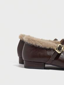 法式蓬松尖头粗低跟玛丽珍蓬松一脚蹬冬季保暖内衬时尚百搭女士乐福鞋 - 棕色 - 查看 4