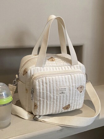 1 pieza Bolso de bandolera de mamá acolchado y suave con decoración bordada de oso